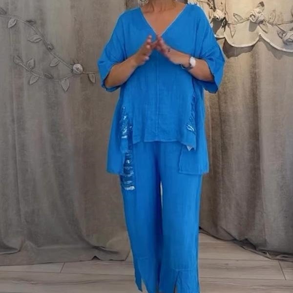 Women's cotton linen V-neck 2-piece set