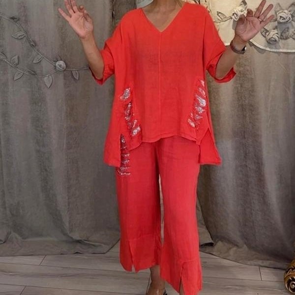 Women's cotton linen V-neck 2-piece set