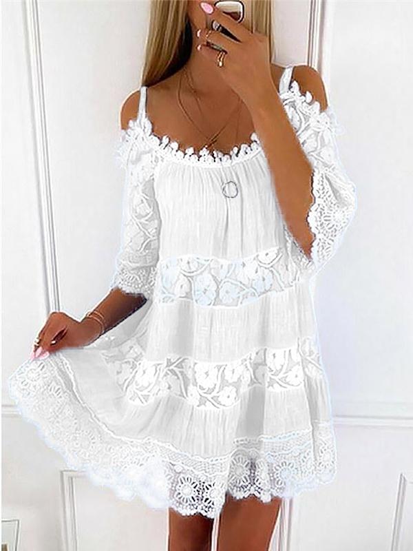 Sexy Spaghetti Strap Half Sleeve Off Shoulder Lace Panel Dress