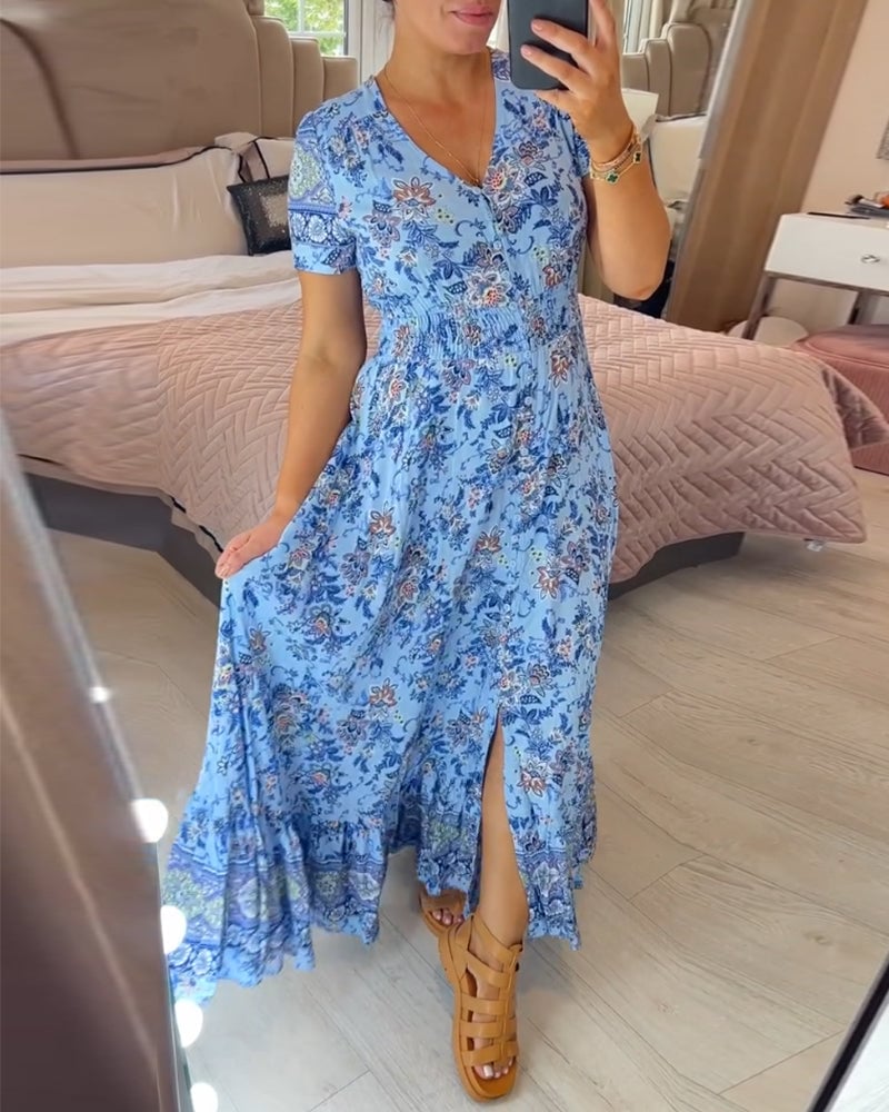 (๐Hot Sale ๐ฅ) Floral print v-neck dress - Buy two and get free shipping!
