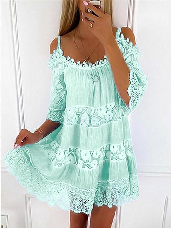 Sexy Spaghetti Strap Half Sleeve Off Shoulder Lace Panel Dress