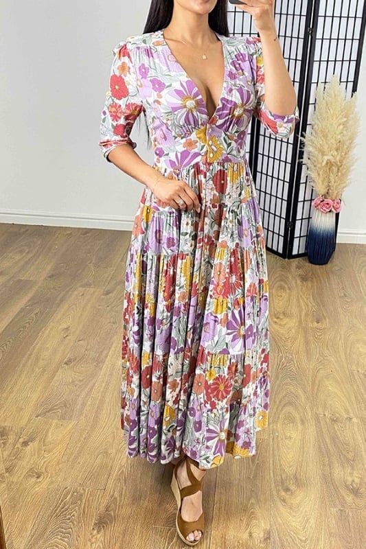 🔥2024 New Hot Sales💃Casual floral print V-neck waist wrap long dress - Buy two and get free shipping!