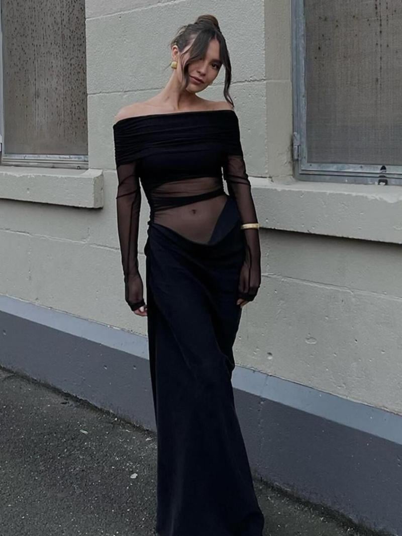 ð¥Limited time offer, last day 59% offð¥Make you the focus of the party, solid color off-shoulder pleated transparent mesh dress