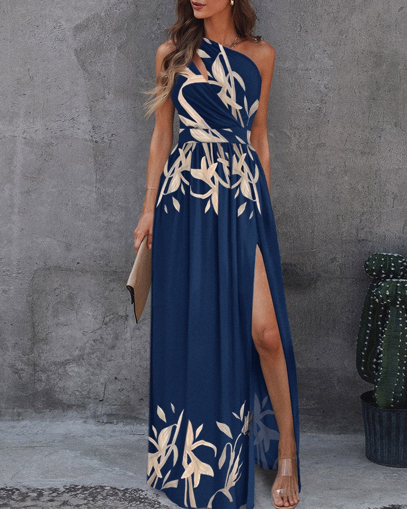 One-shoulder cutout halterneck high-waisted slit maxi dress
