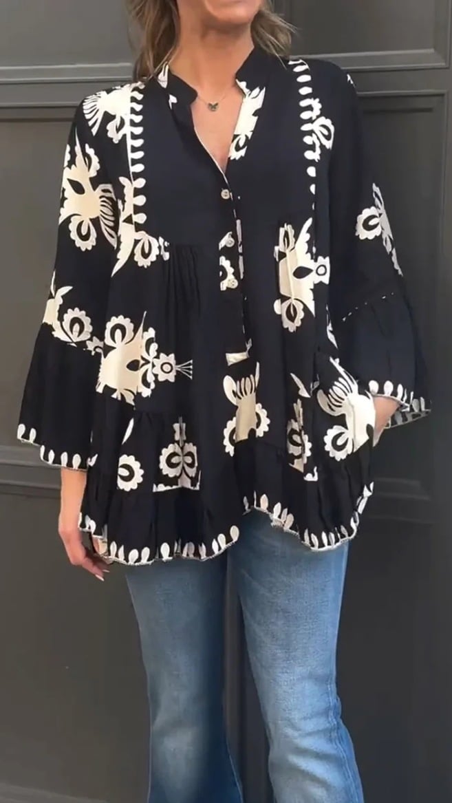 Boho Style Button Front Loose Ruffles Top