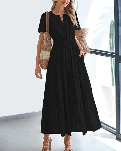 🔥LAST DAY 52% OFF🔥🔥v-neck pleated puff sleeve dress black