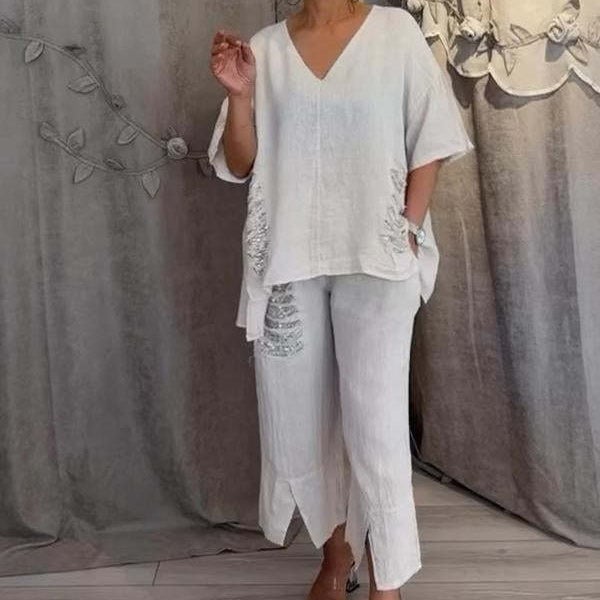 Women's cotton linen V-neck 2-piece set