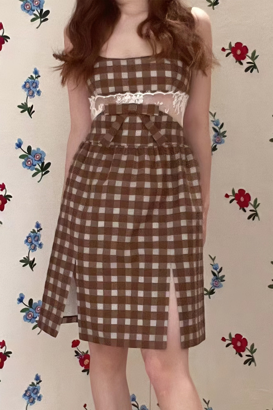 Lace waist-baring hollow see-through front slit dress