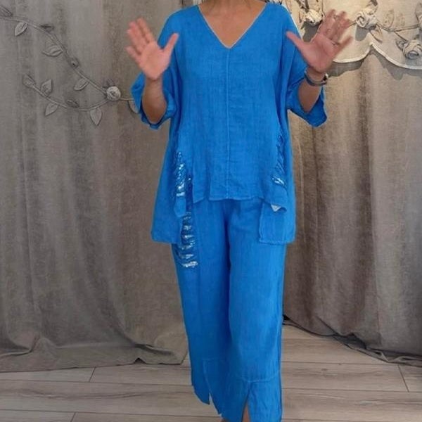 Women's cotton linen V-neck 2-piece set