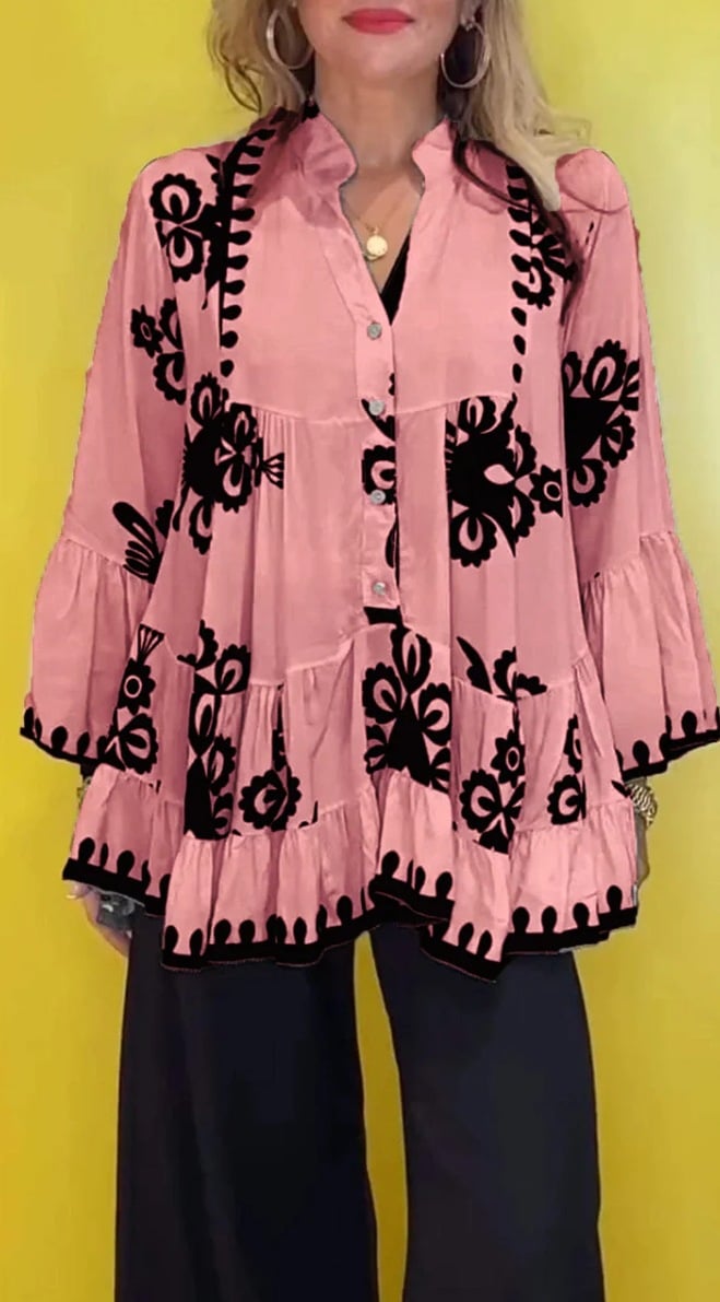 Boho Style Button Front Loose Ruffles Top
