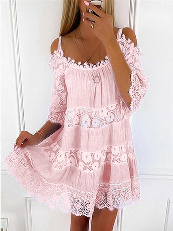 Sexy Spaghetti Strap Half Sleeve Off Shoulder Lace Panel Dress