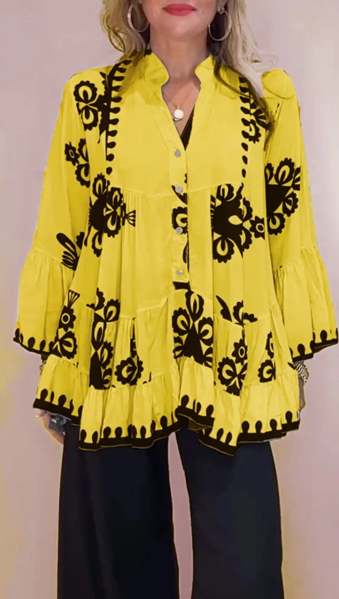 Boho Style Button Front Loose Ruffles Top