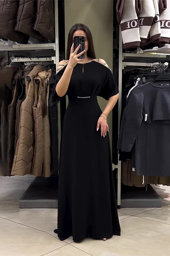 Round Neck Short Sleeve Diamond Off Shoulder Dress