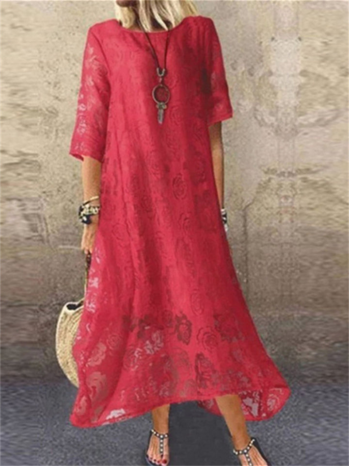 Round Neck Short Sleeve Lace Casual Dress