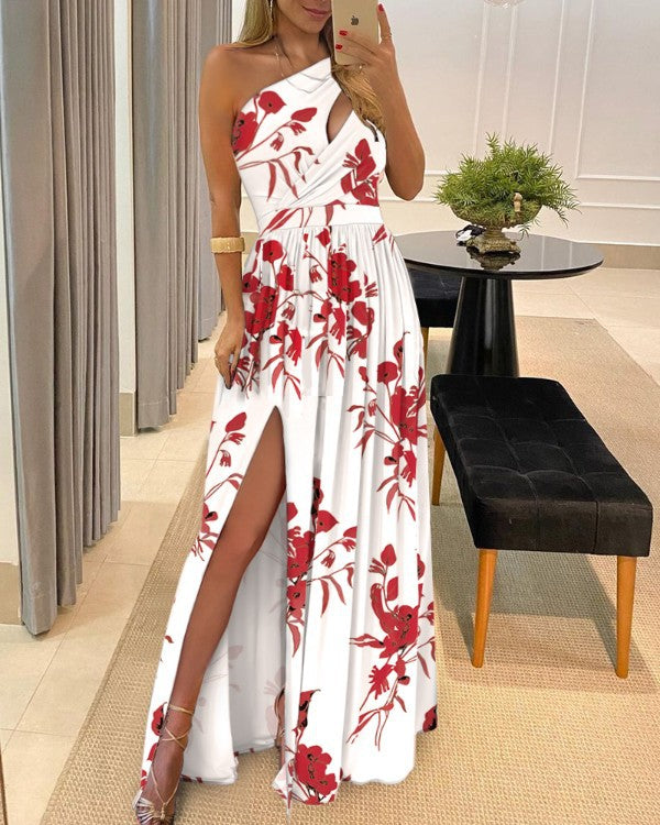 One-shoulder cutout halterneck high-waisted slit maxi dress