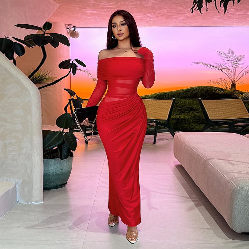ð¥Limited time offer, last day 59% offð¥Make you the focus of the party, solid color off-shoulder pleated transparent mesh dress