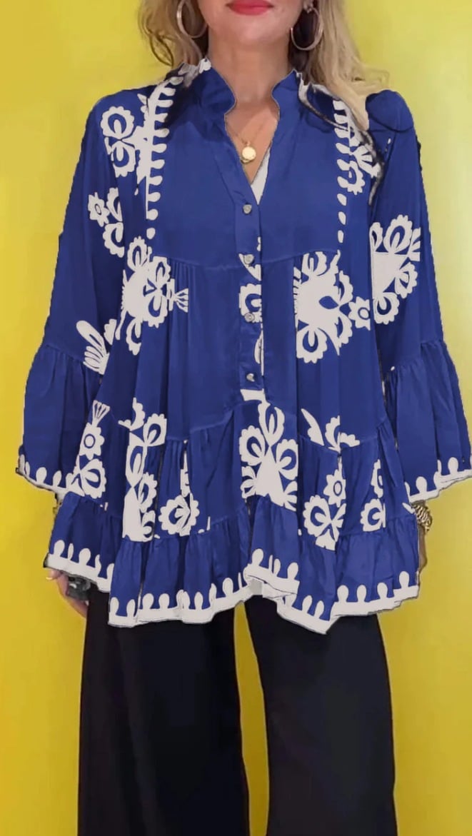 Boho Style Button Front Loose Ruffles Top