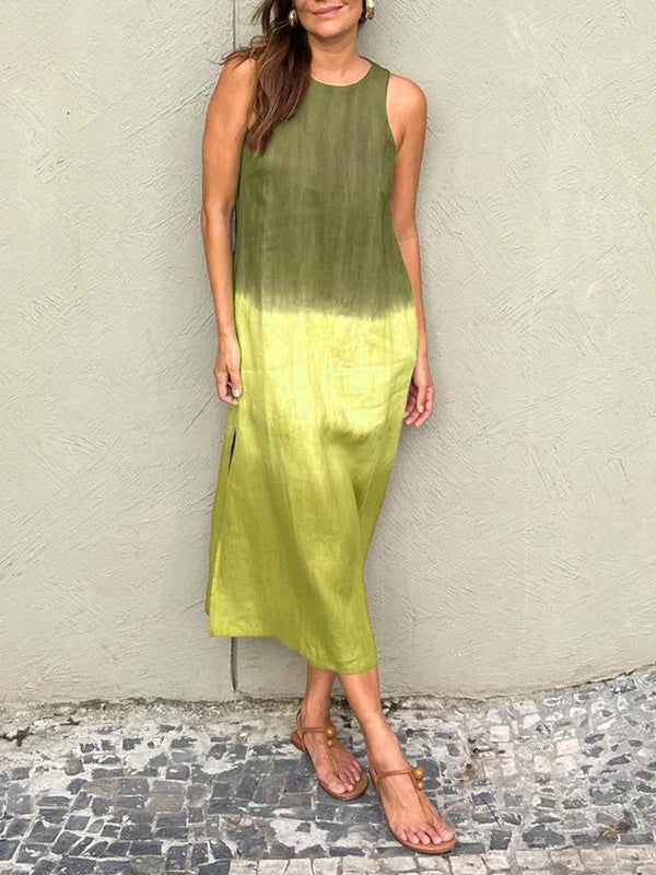 [Same Day Delivery]Women's casual cotton and linen sleeveless slit gradient tie-dye long dress