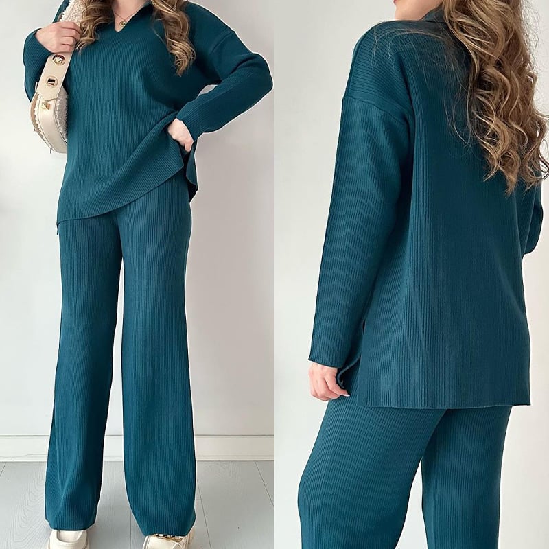 V-neck casual slit knitted two-piece set