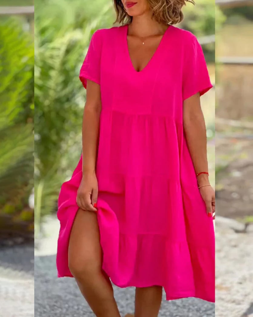 Cotton linen v-neck solid color dress - buy 2 free shipping