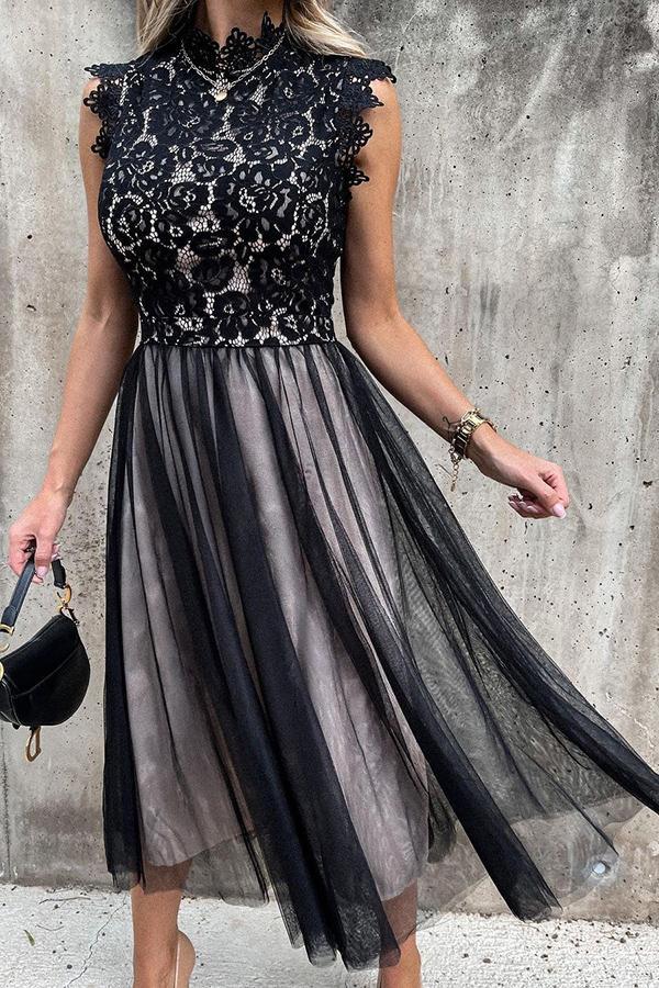 Playful lace paneled mesh sleeveless midi dress