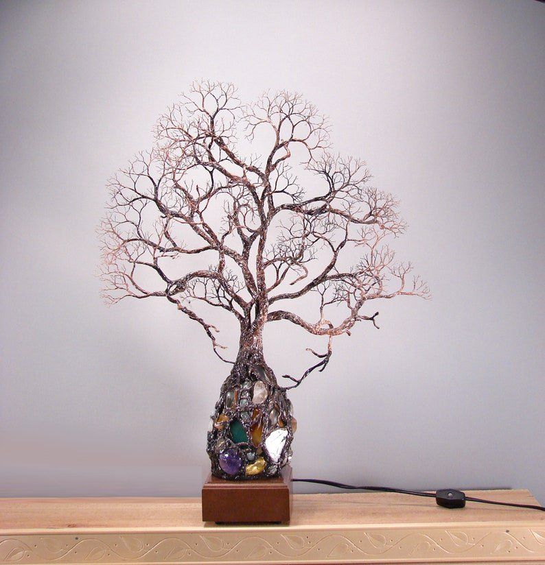 Unique Ancient Tree Metal Sculpture Gemstone Accent Lamp 3D - Add a Touch of Nature to Your Home Decor