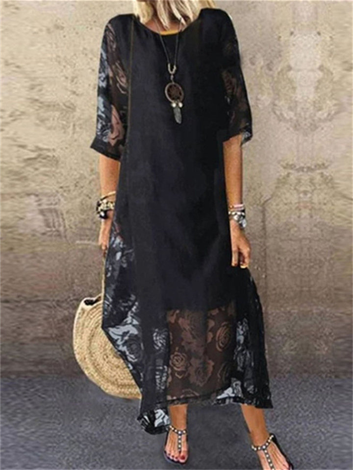 Round Neck Short Sleeve Lace Casual Dress