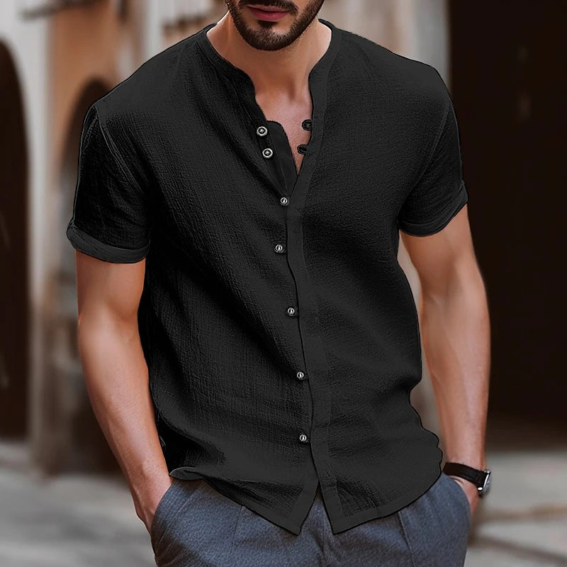 Men's Vintage Button Cotton Linen Short Sleeve Shirt