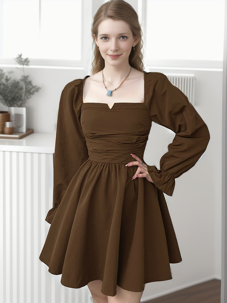 Brown Square Neck Long-Sleeve Pleated Dress