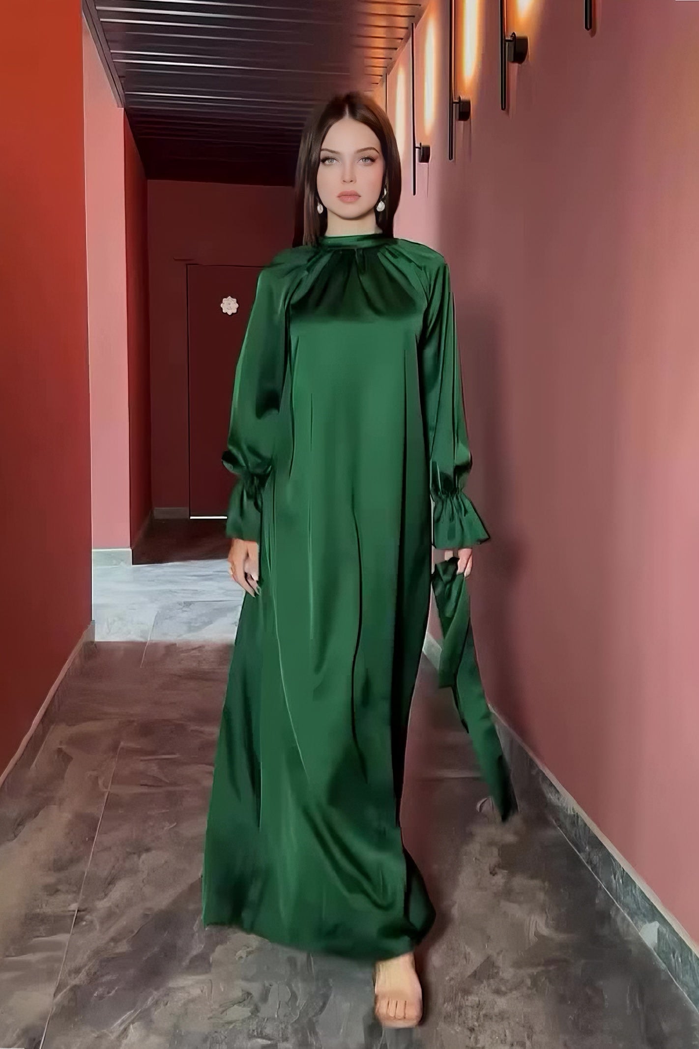 Solid Color Satin Long Sleeve Loose Dress