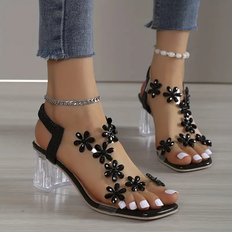 🔥Last Day Promotion 50% OFF - Women's Flower Rhinestone Block Heel Sandals