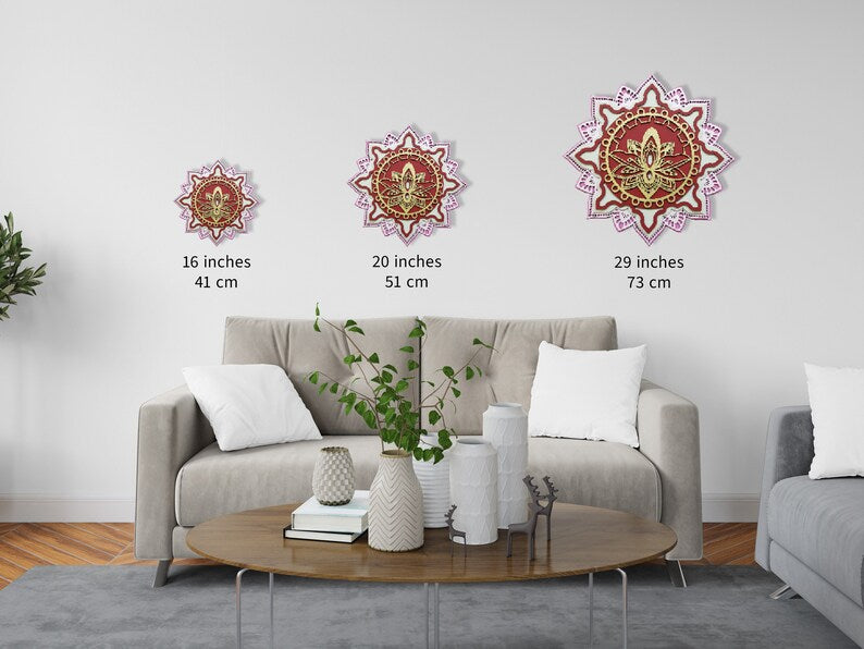 Wall Decor Boho. Layered Wall Art. Multilayer Mandala Hanging Wall Art. 3D Lotus Flower Art Yoga Studio Art. Living Room Decor.