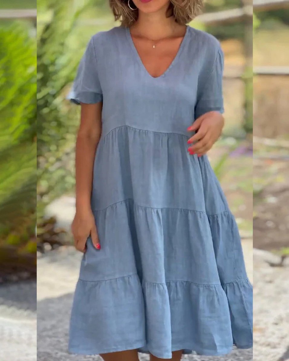 Cotton linen v-neck solid color dress - buy 2 free shipping