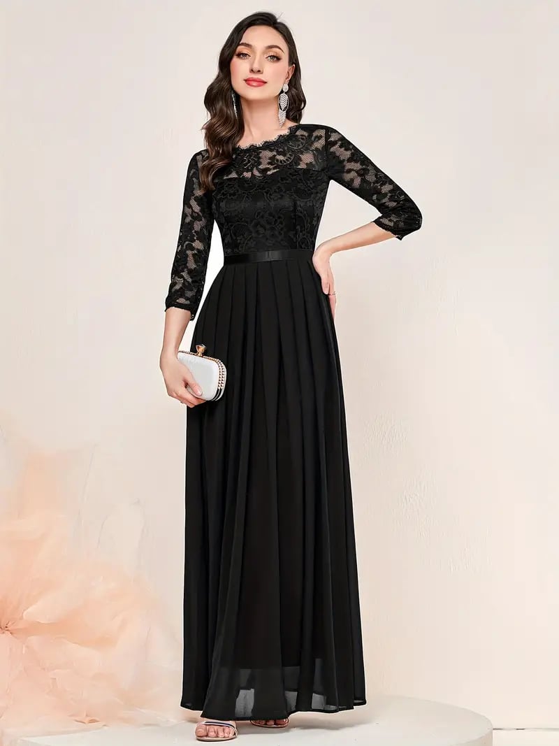 Elegant Contrast Lace Pleated Dress