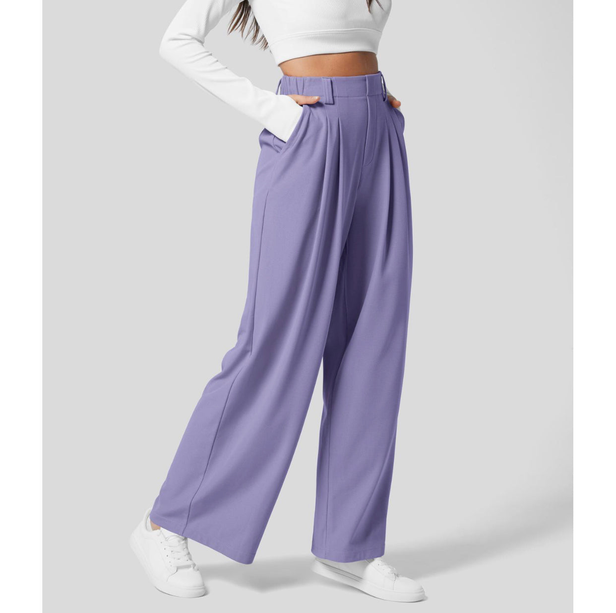 2024 High Waisted Plicated Side Pocket Wide Leg Waffle Casual Pants