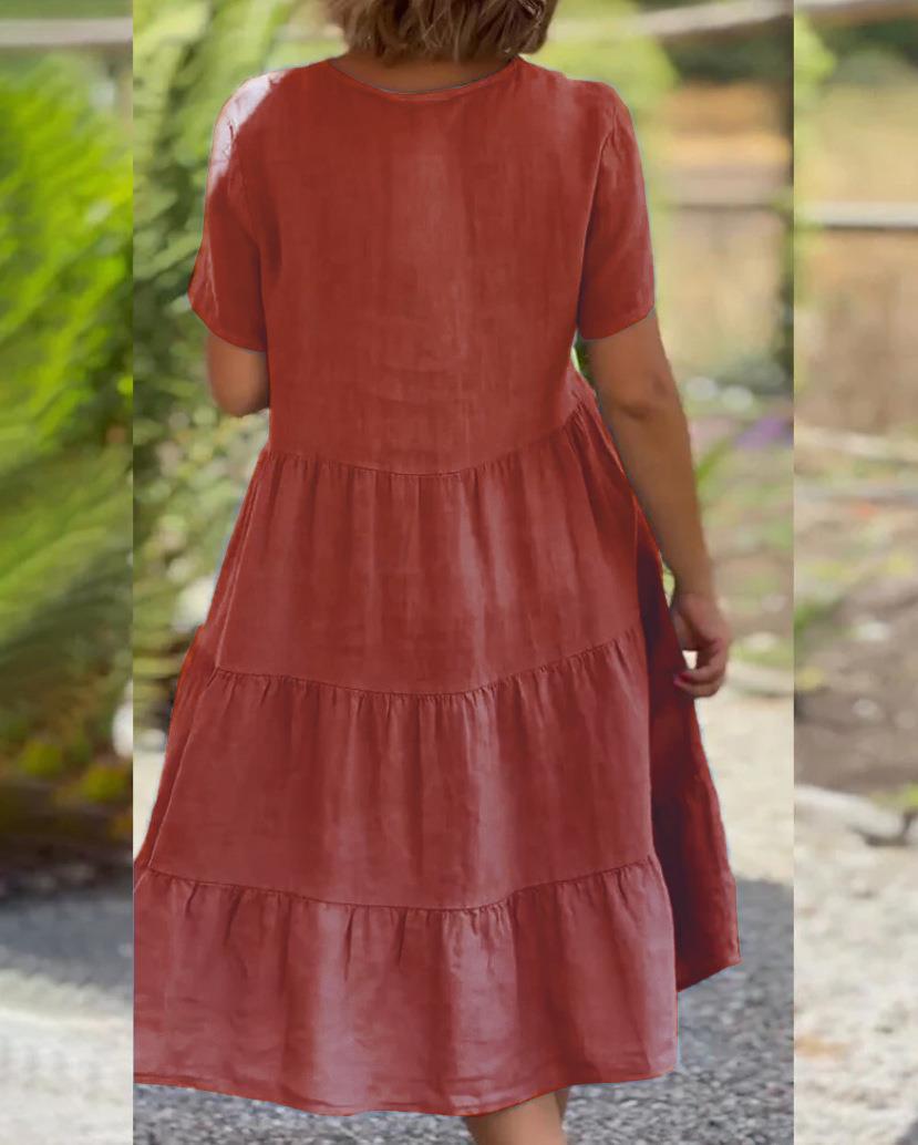 Cotton linen v-neck solid color dress - buy 2 free shipping