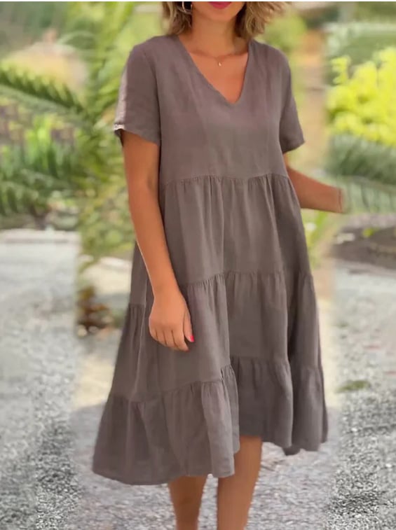 Cotton linen v-neck solid color dress - buy 2 free shipping