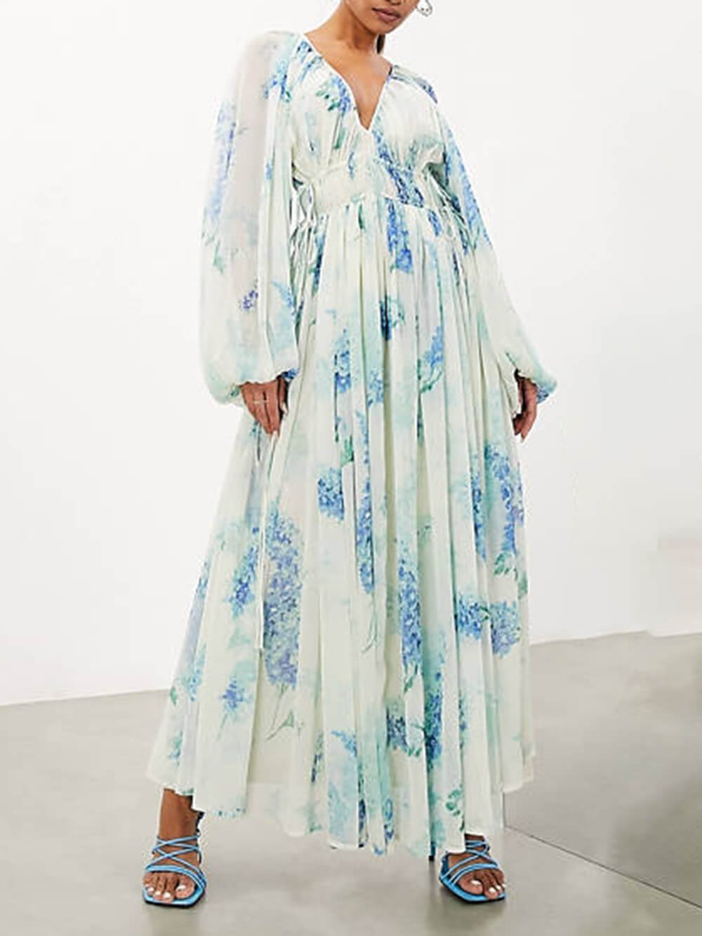 Ocean Flower Chiffon Floral Drawstring Waist Maxi Dress