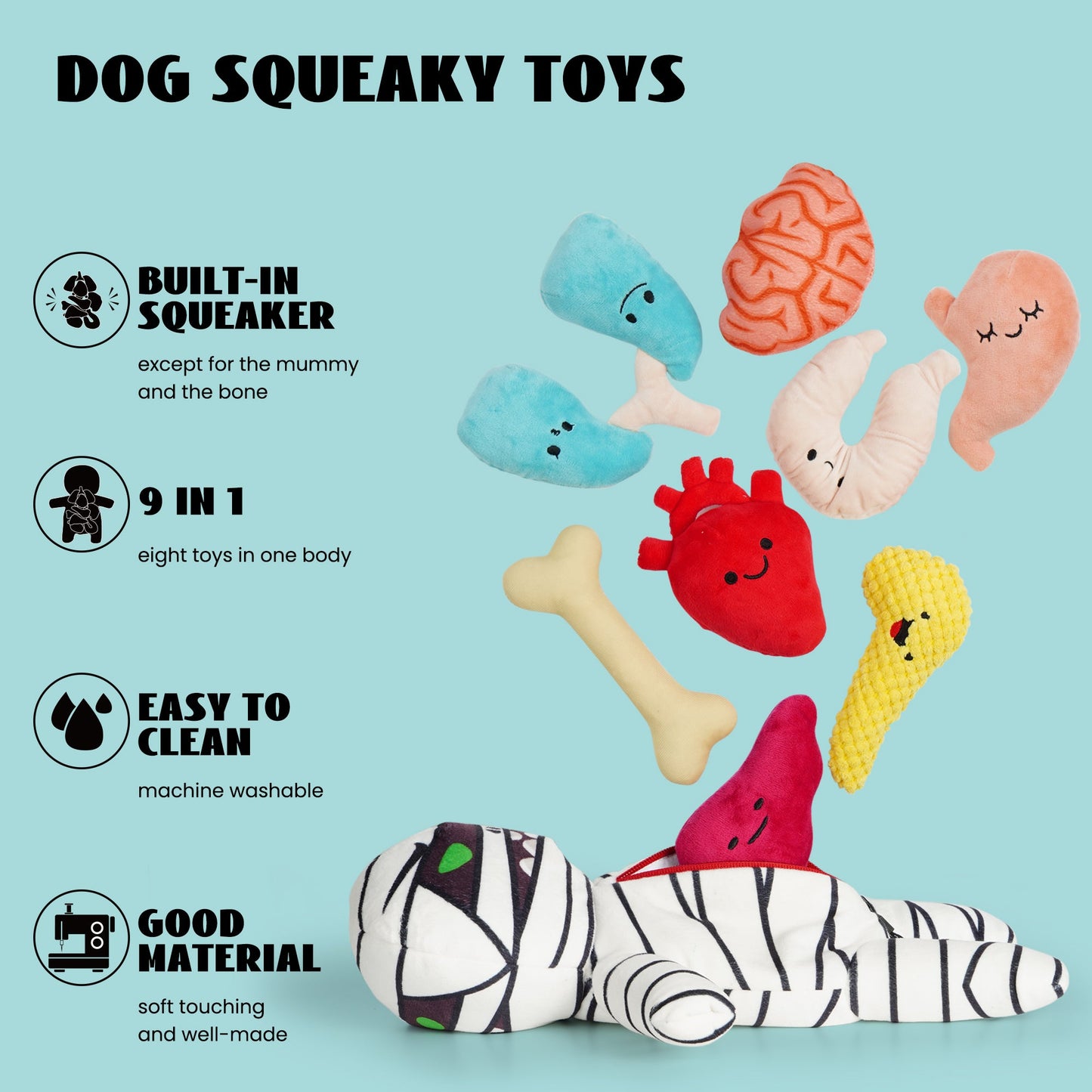 9-in-1 Stuffed Plush Squeaky Dog Toys, Mummy Body