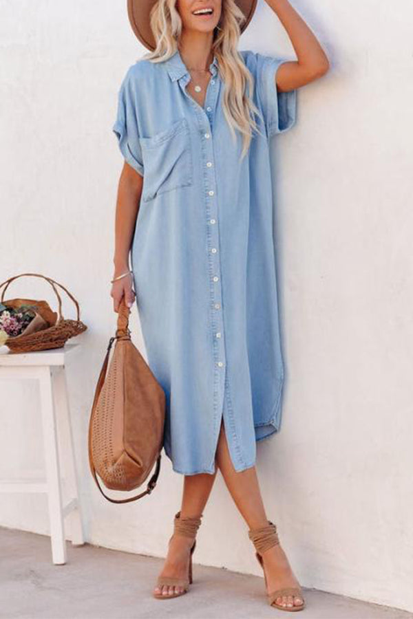 Fashion Solid Color Denim Short Sleeve Long Slit Shirt Dress