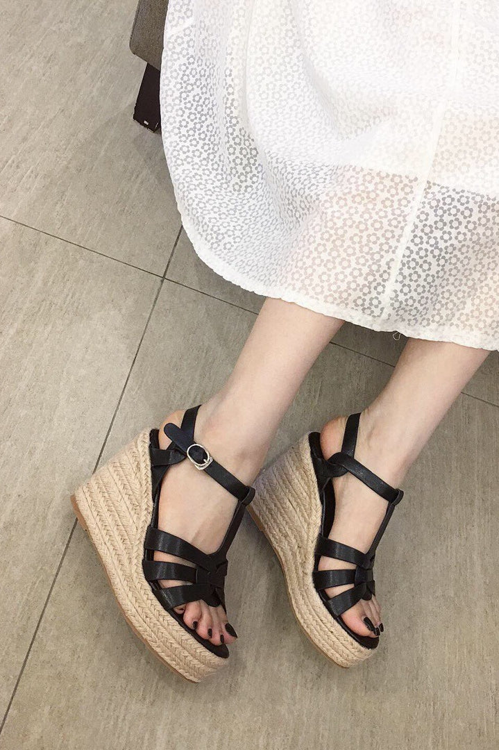 Platform thick-soled straw high-heeled sandals