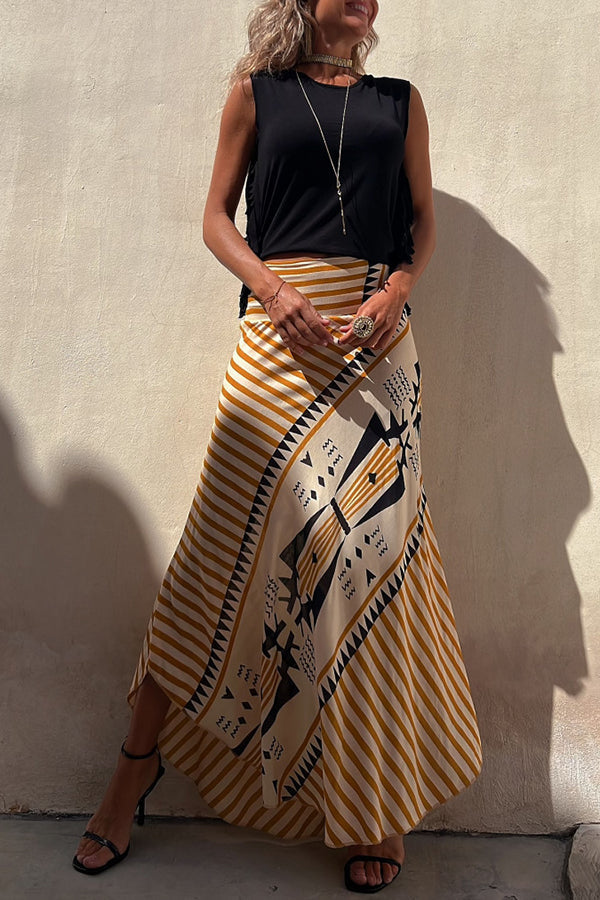 Satin Geometric Print Elastic Waist Maxi Skirt