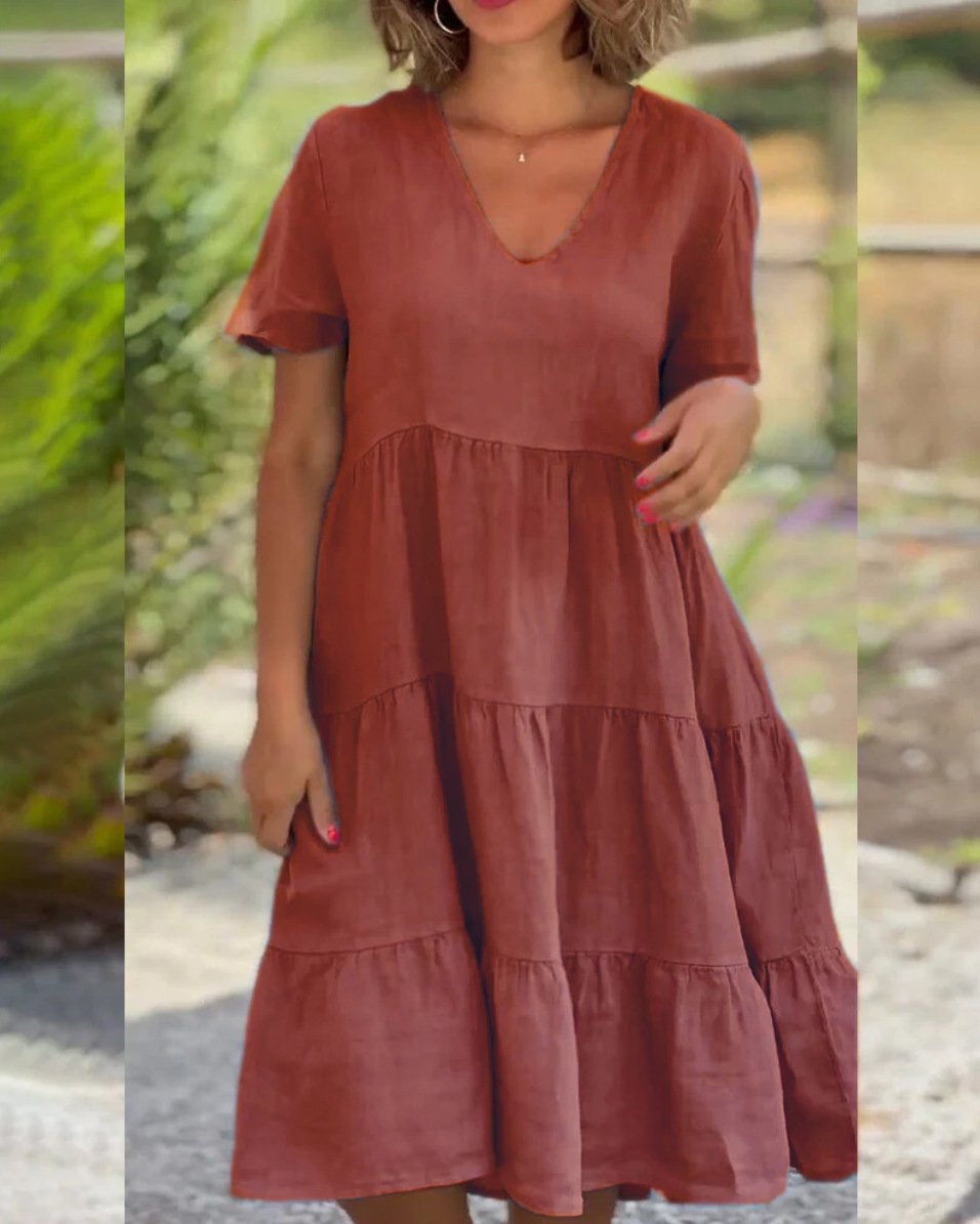 Cotton linen v-neck solid color dress - buy 2 free shipping