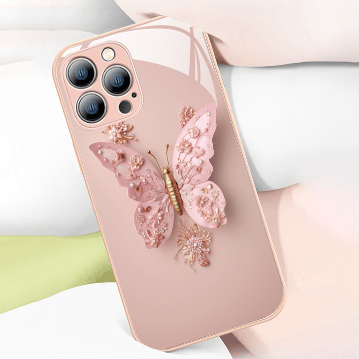 Flat 3D Butterfly Pattern Glass Cover Compatible with iPhone