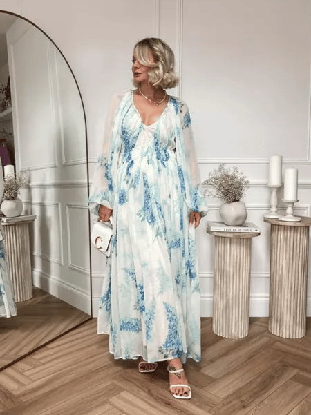 Ocean Flower Chiffon Floral Drawstring Waist Maxi Dress