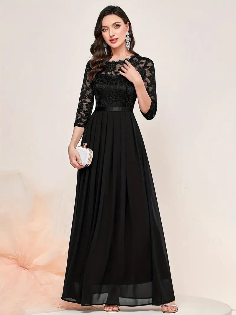 Elegant Contrast Lace Pleated Dress