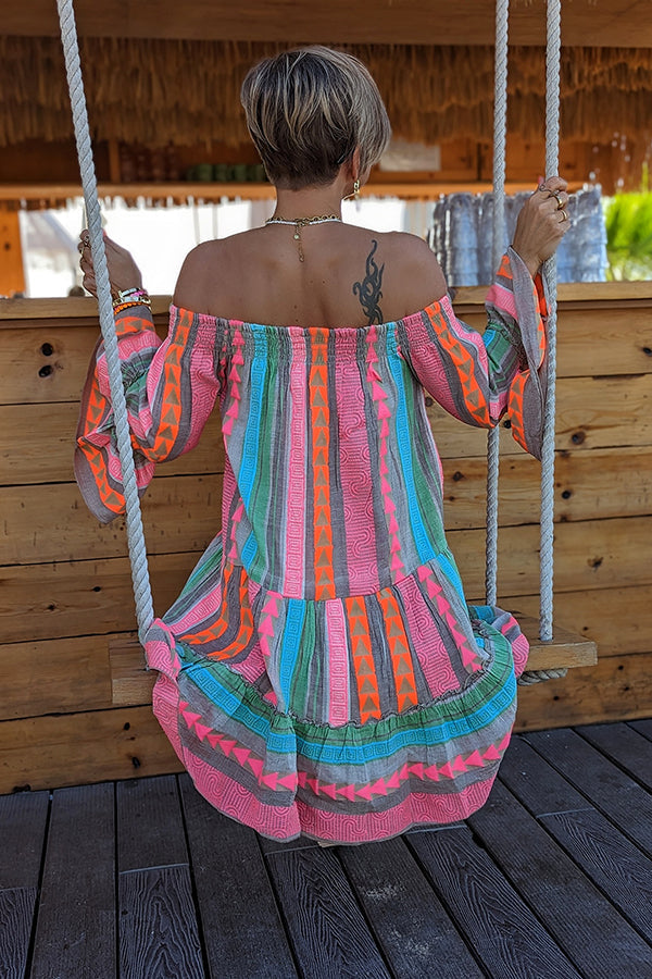 Linen Blend Ethnic Print Off Shoulder Loose Mini Dress