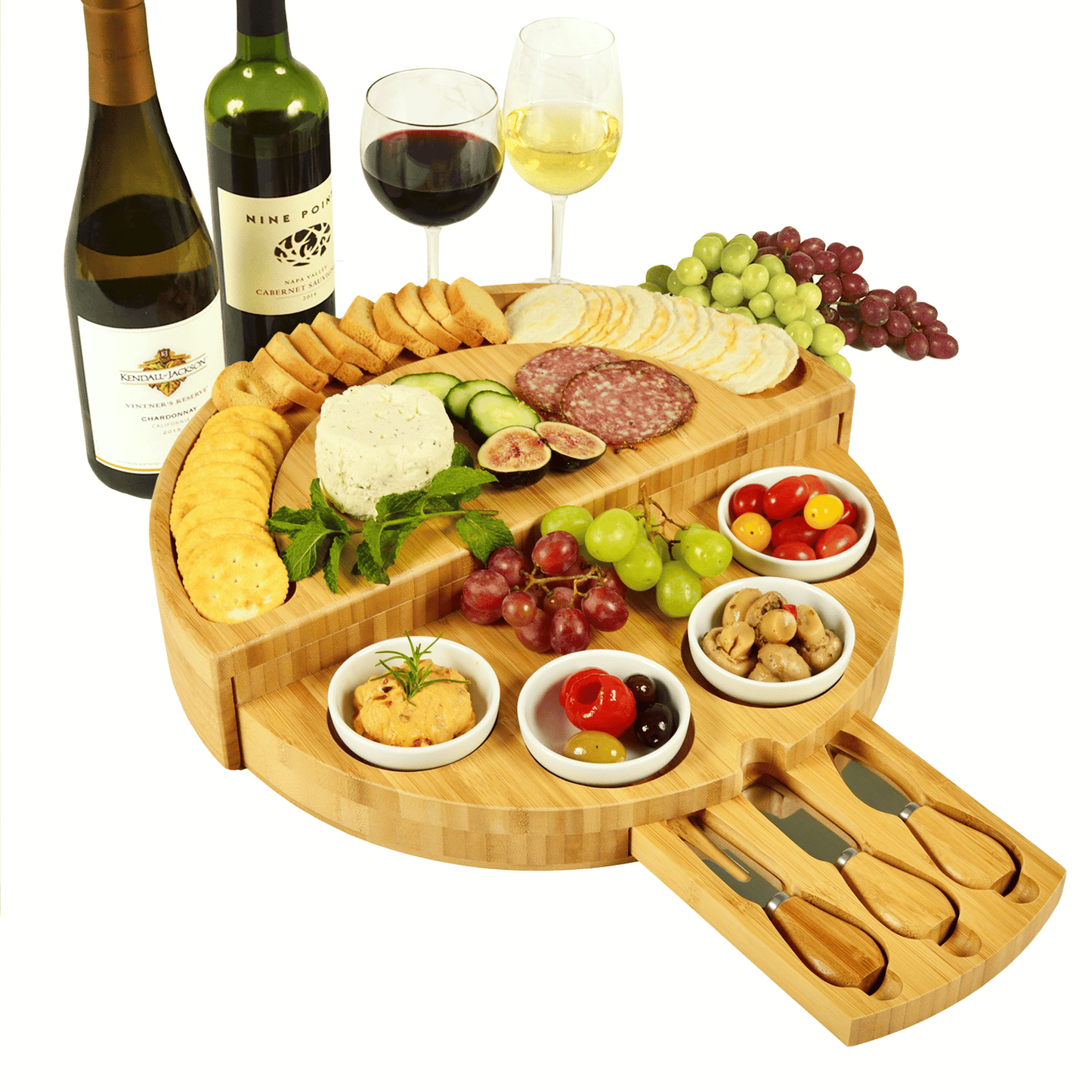 🧀2023 Bamboo Swivel Charcuterie Board🔥With 4 Integrated Ceramic Bowls And 3 Piece Knife Set