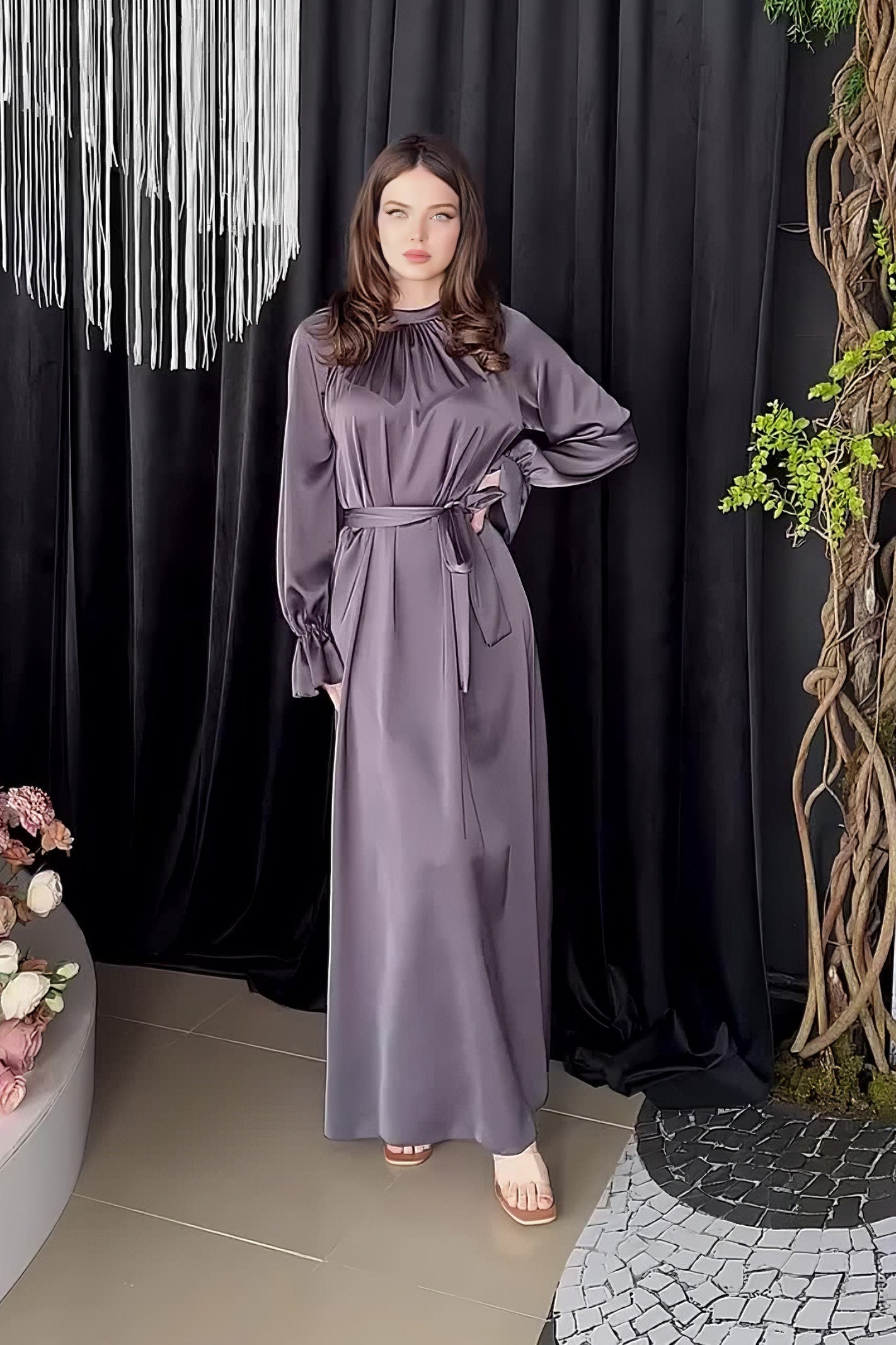 Solid Color Satin Long Sleeve Loose Dress