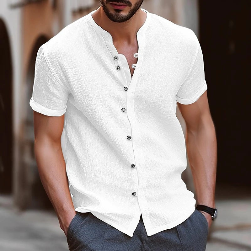 Men's Vintage Button Cotton Linen Short Sleeve Shirt